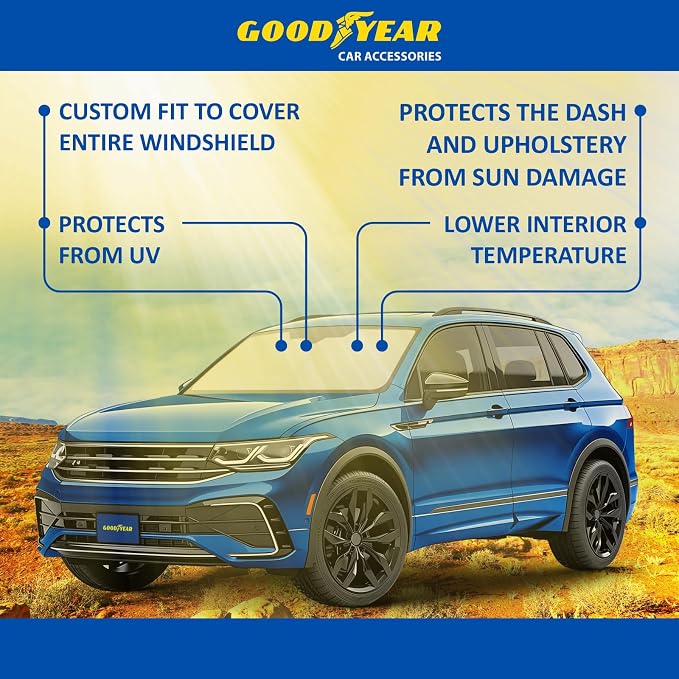 Goodyear Foldable Windshield Sunshade for Volkswagen (VW) Tiguan 2018-2024, Truck car Accessories, Sunshade Cover, Sun Shade Car Windshield, Window Sun Blocker - GY008338