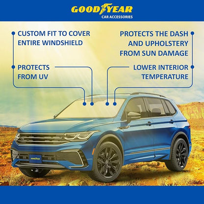 Goodyear Foldable Windshield Sunshade for Volkswagen (VW) Tiguan 2018-2024, Truck car Accessories, Sunshade Cover, Sun Shade Car Windshield, Window Sun Blocker - GY008338