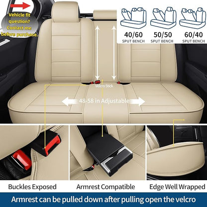 Car Seat Covers Full Set, Beige Leather Seat Covers, Breathable Front and Back Car Seat Protectors, Wear-Resistant Seat Covers Universal Fit for Most Cars SUV Truck (Beige-Stripes-A, Full Set)