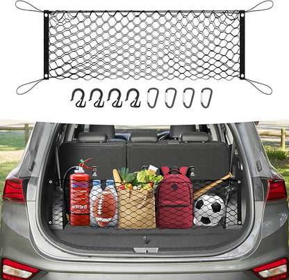 Canvcle Trunk Cargo Net for 2019-2025 2026 Hyun-dai Santa Fe Accessories Envelope Style Mesh Trunk Net Organizer and Storage Stretchable Adjustable Elastic Nylon Rear Cargo Netting with Hooks