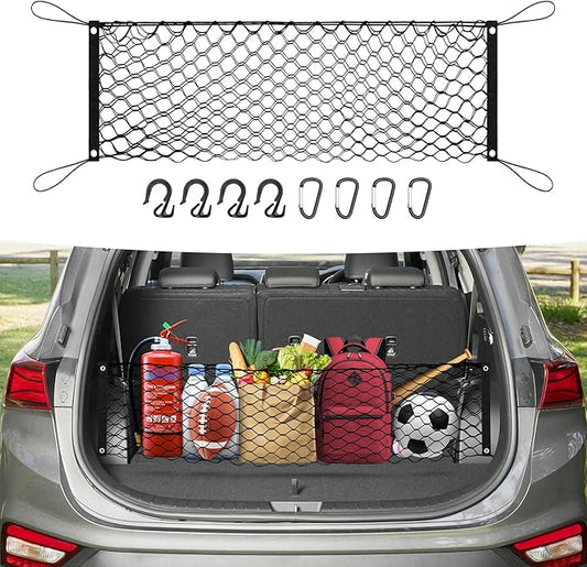 Canvcle Trunk Cargo Net for 2019-2025 2026 Hyun-dai Santa Fe Accessories Envelope Style Mesh Trunk Net Organizer and Storage Stretchable Adjustable Elastic Nylon Rear Cargo Netting with Hooks
