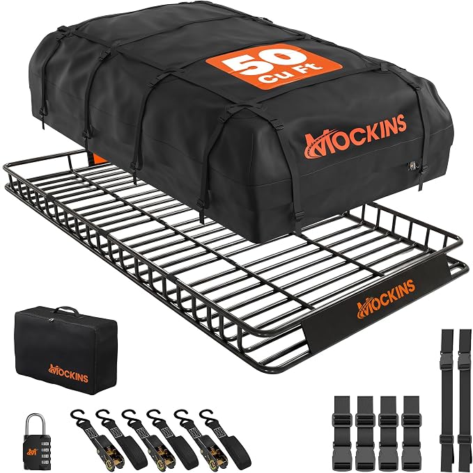 Mockins 90"x50"x5" XXL Heavy Duty Roof Rack Cargo Carrier w/ 250 Lbs. Cap | With 50 Cu Ft Waterproof Soft Vinyl Rooftop Cargo Bag | Roof Basket for SUV Car Truck RV & Van w/ Car Top Carrier Accessories