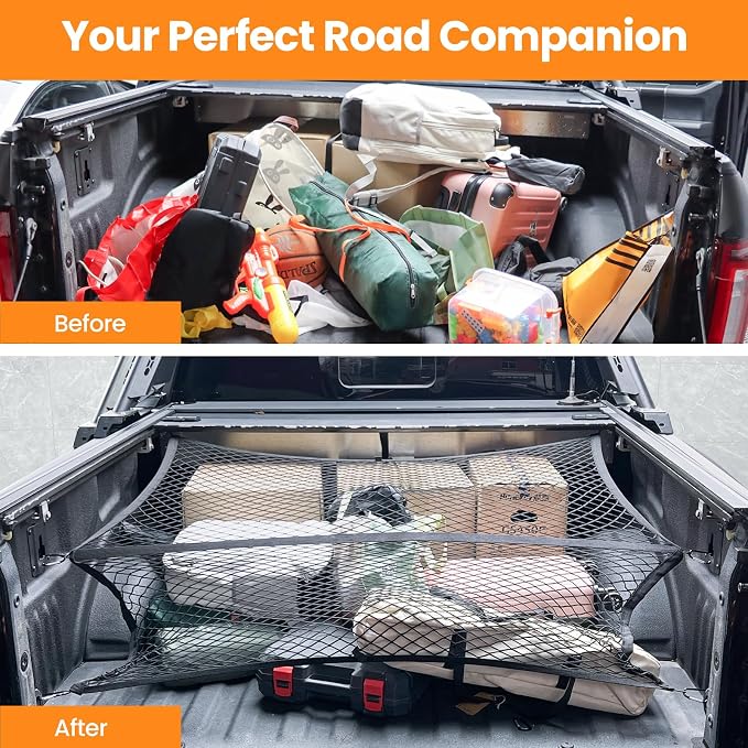 Truck Bed Net – Highly Elastic Cargo Net for Pickup Truck Beds, Stretchable Mesh Organizer Expands from 4'x4' to 7'x7', Suitable for Daily Light Loads on Truck, ATV, SUV, UTV & Boats (Single Layer)