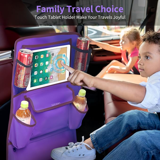 LUCMO Car Backseat Organizer with Touch Screen Tablet Holder,9 Storage Pockets Car Storage Organizer,Protectors Kick Mats Travel Accessories for Kids-Dark Purple