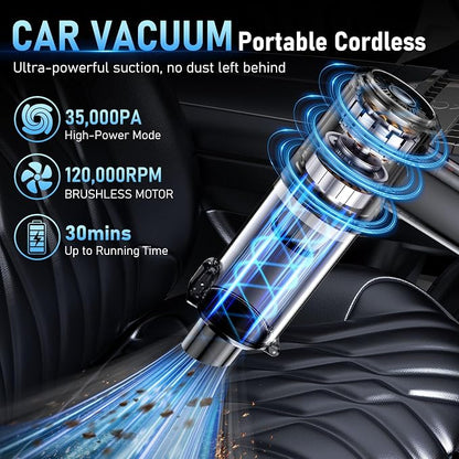 Car Vacuum Portable Cordless, 35000Pa High Power Brushless Motor Handheld Vacuum, 6-in-1 Rechargeable Mini Cleaner with Air Duster for Car, Home, Pet Hair, Keyboard, Graphite Grey
