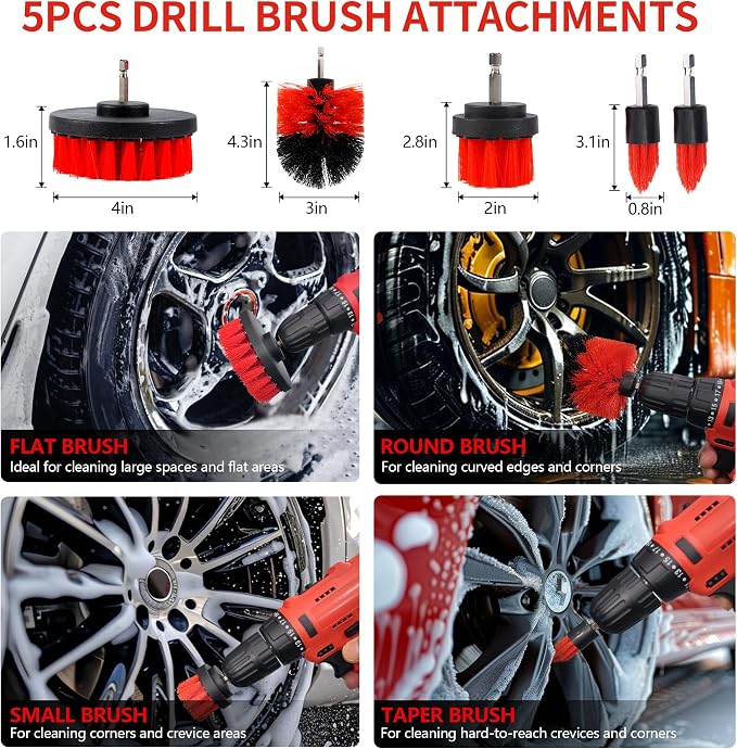 32Pcs Red Car Detailing Kit – Brush Set & Cleaning Kit with Drill Brush, Polishing/Waxing Pads, Interior/Exterior Tools for Wheels & Windshield – Portable Handbag