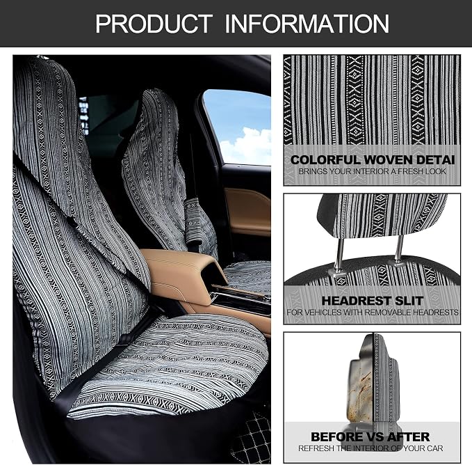 Frienda 14 Pcs Baja Car Seat Covers Full Set Multicolor Stripe Boho Print Steering Wheel Cover Seat Belt Cover Crystal Hanging Ornament Car Holders Fits (Vintage Style)