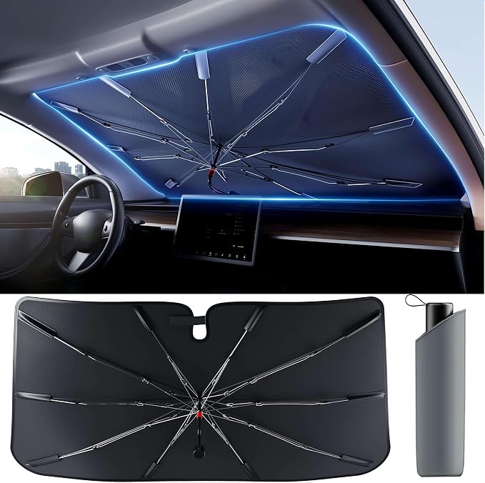 2026 Upgraded Car Windshield Sun Shade Umbrella, UV & Heat Block, Foldable Front Window Cover – Keep Interior Cooler, Protect Dashboard & Seats – Universal Fit for SUV, Truck, Sedan (57"x31.5")