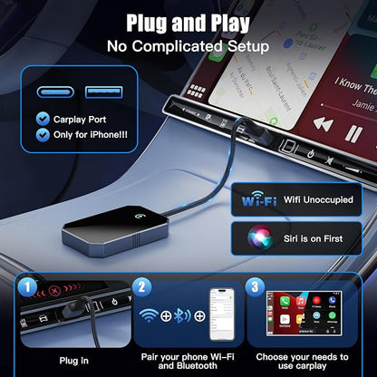 2026 Upgraded Wireless CarPlay Adapter for iPhone – Convert Factory Wired to Wireless Plug-and-Play USB-A/USB-C, No Latency Siri/HD Nav, Compatible with Car with Wired CarPlay & iOS 10+