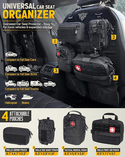 WYNEX Tactical Car Seat Back Organizer Set, Vehicle Accessories Molle Panel wtih Detachable 4 Molle Pouches - First Aid EDC Admin Storage Bag for Road Trips, Fits Most Cars, SUVs, Pickups, Trucks