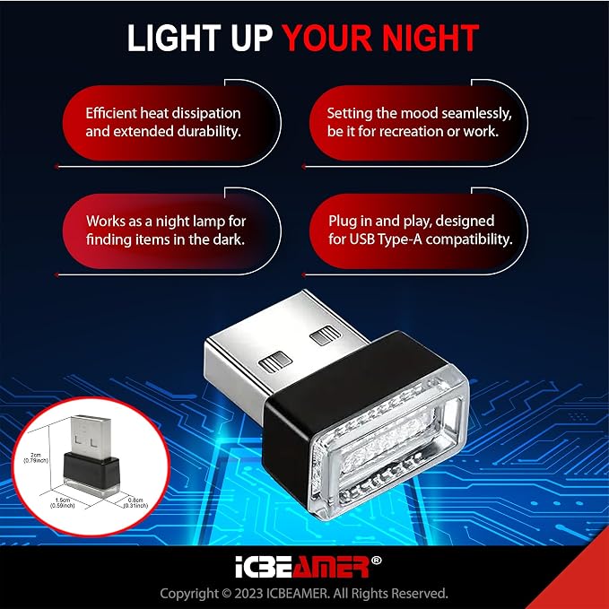 ICBEAMER USB Interface Miniature Night Light 1-Pack (Green) | Universal Plug-in LED for Car Interior and Trunk Ambient Atmosphere