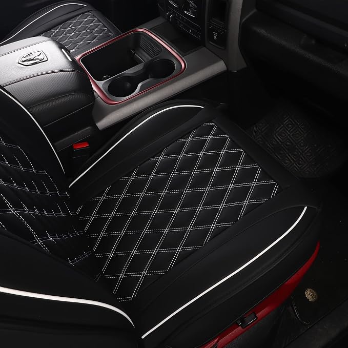 JOJOBAY Car Seat Covers for Dodge Ram,Fit 2009-2025 1500/2500/3500 HD Pick-up Truck,Crew,Regular,Quad,Mega Cab,Waterproof Synthetic Leather Seat Covers(5PCS-Full Set,Black-White)