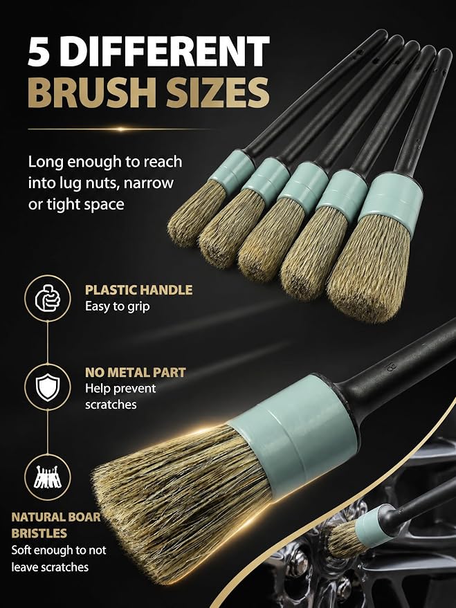 TAKAVU Car Detailing Brush Kit, 10 Piece Boar Hair Detail Brush Set for Car Interior and Engine Bay Cleaning, Auto Detailing Brushes with Wire Brushes and Microfiber Towel