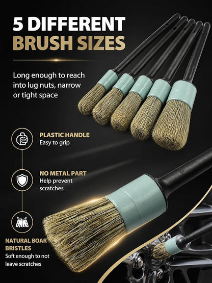 TAKAVU Car Detailing Brush Kit, 10 Piece Boar Hair Detail Brush Set for Car Interior and Engine Bay Cleaning, Auto Detailing Brushes with Wire Brushes and Microfiber Towel