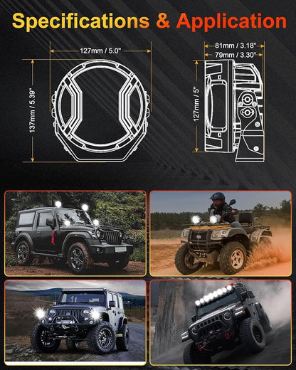 5In LED Light Pods, Super Bright Offroad Round Driving Lights with Amber DRL, 270° Wide Range Side Shooter White Spot Beam Universal Auxiliary Light with Wiring Harness Kit - 2Pack