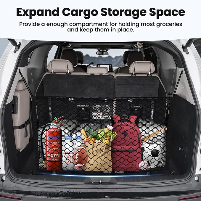 Canvcle Trunk Cargo Net for Toyota Sienna 2021-2025 2026 Accessories Envelope Style Mesh Trunk Net Organizer and Storage Stretchable Adjustable Elastic Nylon Rear Cargo Netting with Hooks