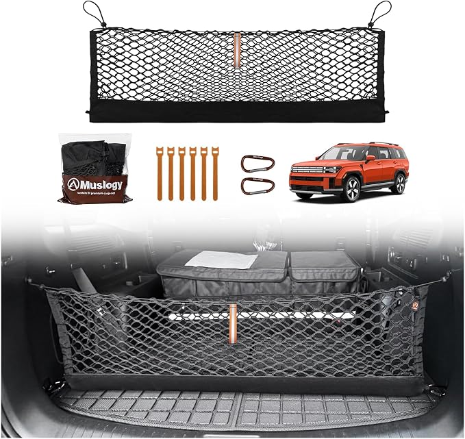 Muslogy Envelope Style Trunk Cargo Net Compatible with 2024 2025 2026 Hyundai Santa Fe Accessories Custom Fit Trunk Organizer Upgraded Storage Luggage Net with Metal Hooks