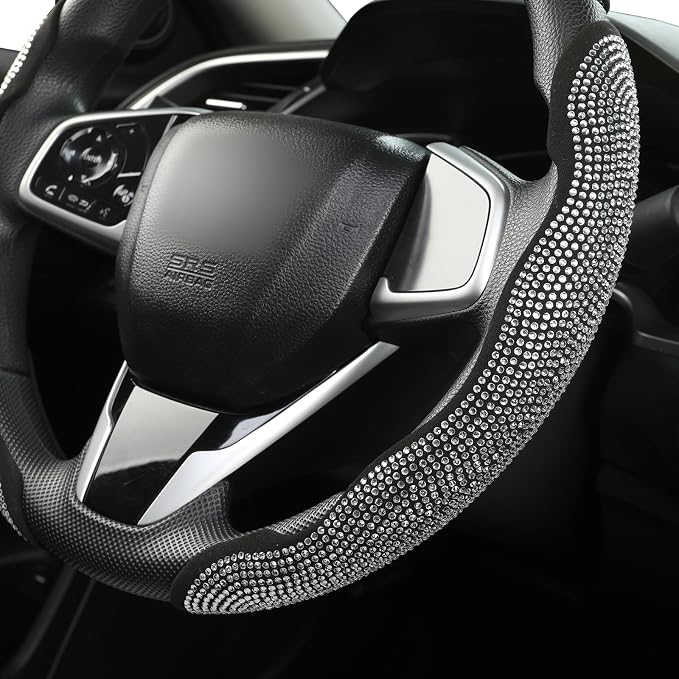 West Llama Diamond Bling Car Steering Wheel Cover with Crystal Rhinestones,3PCS Segmented Steering Wheel Protector,Universal for 99% Cars for Women(Black with White Diamond)