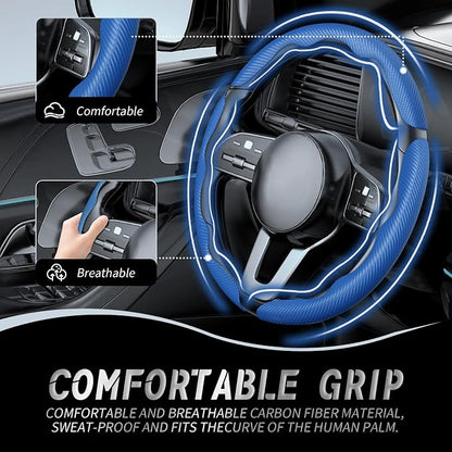 WOCOCN 3pcs Car Steering Wheel Cover,Anti-Skid Carbon Fiber Steering Wheel Protector for Men Women,Multiple Color Options,Universal for Most Car Interiors Accessories (Bule 3PCS)