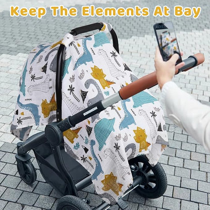 Rquite Baby Boy Car Seat Cover, 100% Muslin Cotton Infant Carseat Canopy, Soft Breathable Stroller Sun Shade & Newborn Shower Gift, Large Size Universal Fit Summer, Hot & Warm Weather (Blue Dinosaur)