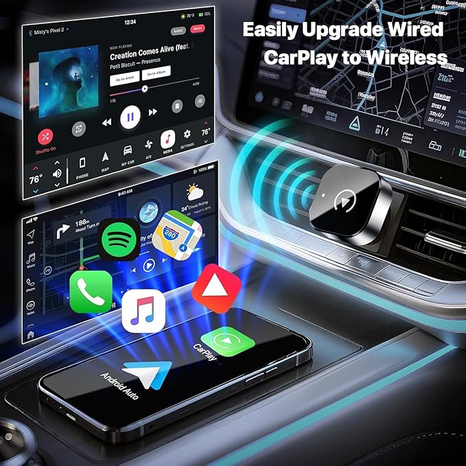 Wireless CarPlay Adapter, 2-in-1 Mini CarPlay & Android Auto Wireless Adapter, Plug & Play, Auto Connect, Car Accessories, Car Play Dongle Compatible with iPhone & Android