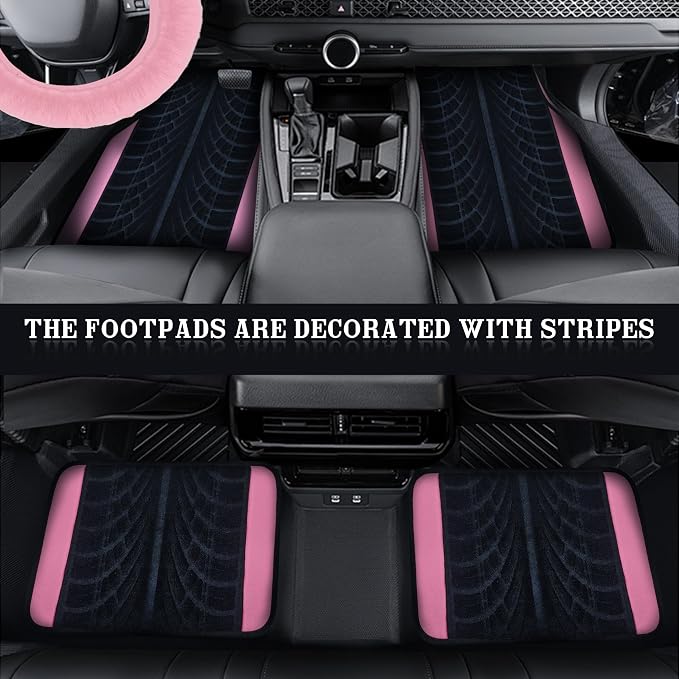 Car Seat Cover Full Set for Women with Floor Mats,3D Air Mesh Car Seat Cover with 5mm Composite Sponge Inside,Universal Fluffy Steering Wheel Cover, Accessories Full (Pink)