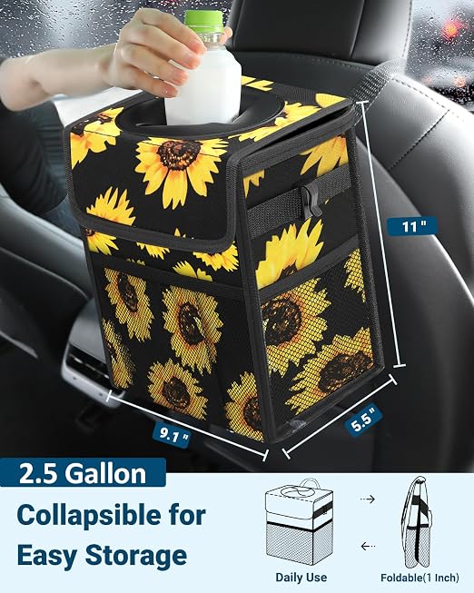 Capolo Car Trash Can with Lid, Leakproof Car Trash Bag Hanging Waterproof Automotive Garbage Can with Storage Pockets Mini Vehicle Trash Bin for Back/Front Seat(Sunflower,2.5 Gallon)