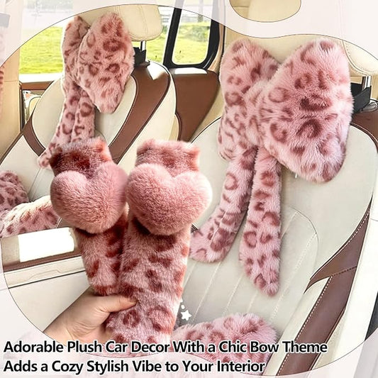 Car Neck Pillow 2PCS Plush Bowknot Car Headrest Pillow – Comfortable Neck Support for Driving Soft Touch Fabric Car Pillow Cute Interior Decor (Pink Leopard Set 4)
