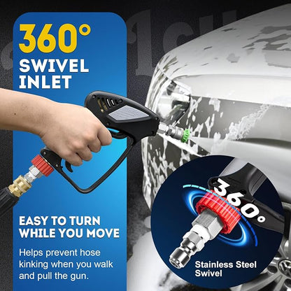 TOOLCY Pro Short Pressure Washer Gun 5000 PSI with Swivel, 304 Stainless Steel 3/8" Quick Connect Inlet, High Pressure Washer Gun with 1/4" Quick Connect, Includes 3/8" QC to M22-14mm Adapter