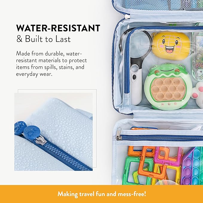 Kids Travel Organizer – Multi-Compartment, Water-Resistant Hanging Bag for Toys, Snacks, & Activities - Compact, Lightweight Design with Hook & Carry Handle - Perfect for Travel Use (Blue, Large)