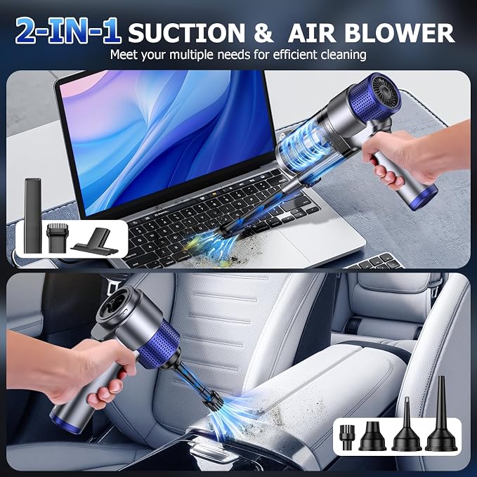 JONYJ Handheld Car Vacuum Cleaner Cordless, 16000PA Hand Held Vacuum Portable, 2 in 1 Air Duster and Mini Vacuum Cleaner Rechargeable with LED, Multi-Nozzles & Washable Filters for Home Office Car Pet