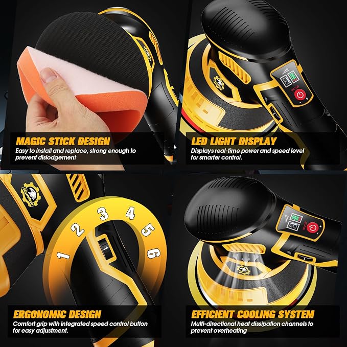 Cordless Car Buffer Polisher kit [2x 2000mAh 21V Batteries & 18 PCS Attachments] 6-Speed Orbital Design, LED Display, Lightweight Detailing Tool for Waxing, Polishing & Scratch Removal-Yellow