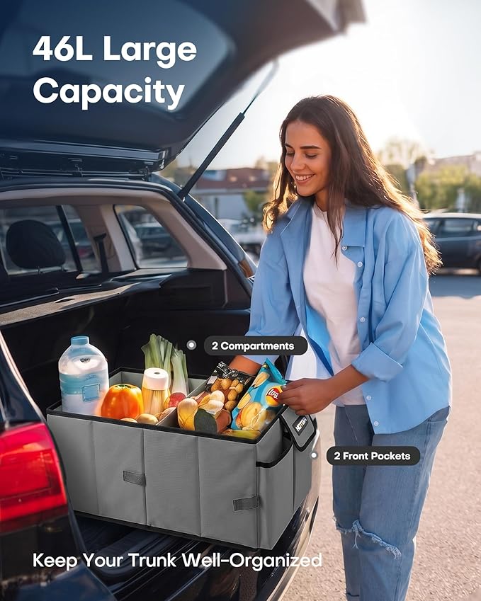 HOTOR Trunk Organizer for Car - Car Organizer, Foldable Trunk organizer for SUVs & Sedans, Sturdy Organization for Car Accessories, Tools, Sundries, Grey, 2 Compartments, 23.6"×14.2"×10.6"