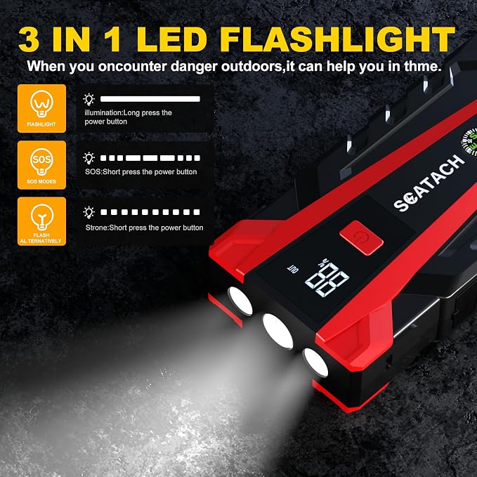 Scatach 3000A Car Battery Jump Starter,12V Jump Starter Battery Pack Portable (up to 9.0L Gasoline and 7.0L Diesel Engine), Jump Box with 3 Modes Flashlight and Jumper Cables