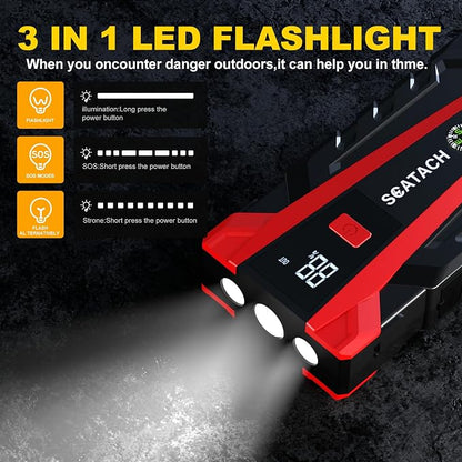 Scatach 3000A Car Battery Jump Starter,12V Jump Starter Battery Pack Portable (up to 9.0L Gasoline and 7.0L Diesel Engine), Jump Box with 3 Modes Flashlight and Jumper Cables