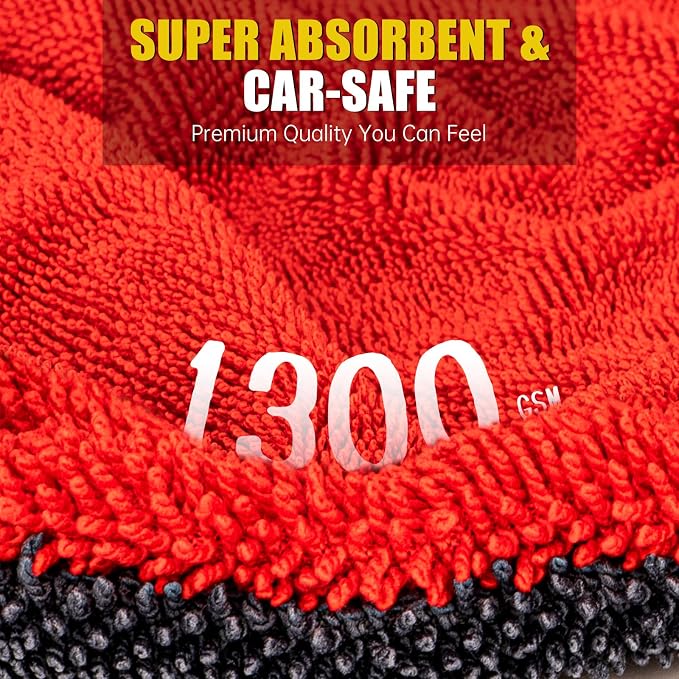ThinkLearn 3-Pack Car Drying Towel-Microfiber Extra Large Towels for Cars(59"x24"), Ultra-Absorbent, Scratch & Streak Free, 1300 GSM, Twisted-Loop Cleaning Cloth for Truck, SUV, Car Accessories, Red