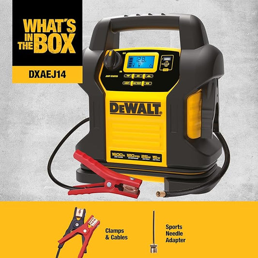 DEWALT DXAEJ14 Digital Portable Power Station Jump Starter - 1600 Peak Amps with 120 PSI Compressor for Tires, Sports Equipment & Bikes, 15W USB-A and 25W USB-C Power
