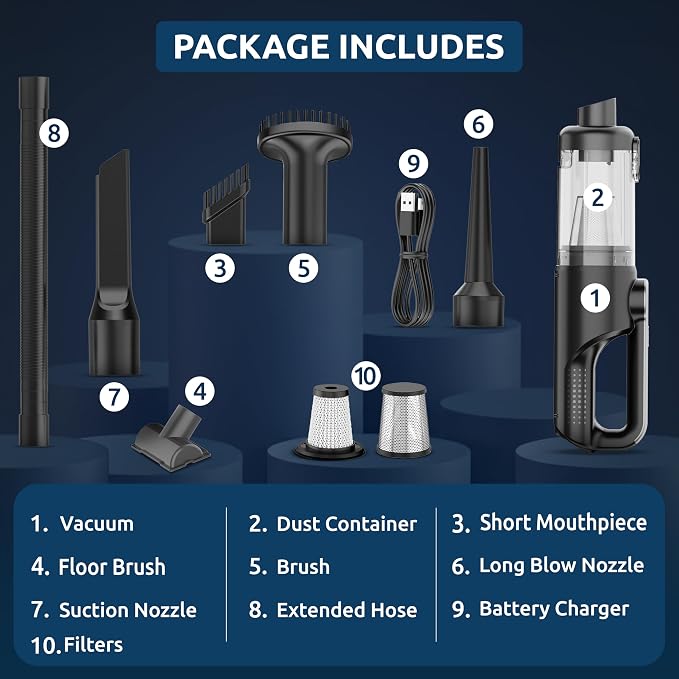 Handheld Vacuum Cordless Vacuum Cleaner with LED Light, 18000Pa Brushless Suction & Air Blower (2-in-1), 7800mAH Battery, Steel+HEPA Filter, Car Vacuum, Dust Buster for Interior, Home & Pet Hair