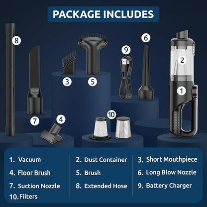 Handheld Vacuum Cordless Vacuum Cleaner with LED Light, 18000Pa Brushless Suction & Air Blower (2-in-1), 7800mAH Battery, Steel+HEPA Filter, Car Vacuum, Dust Buster for Interior, Home & Pet Hair