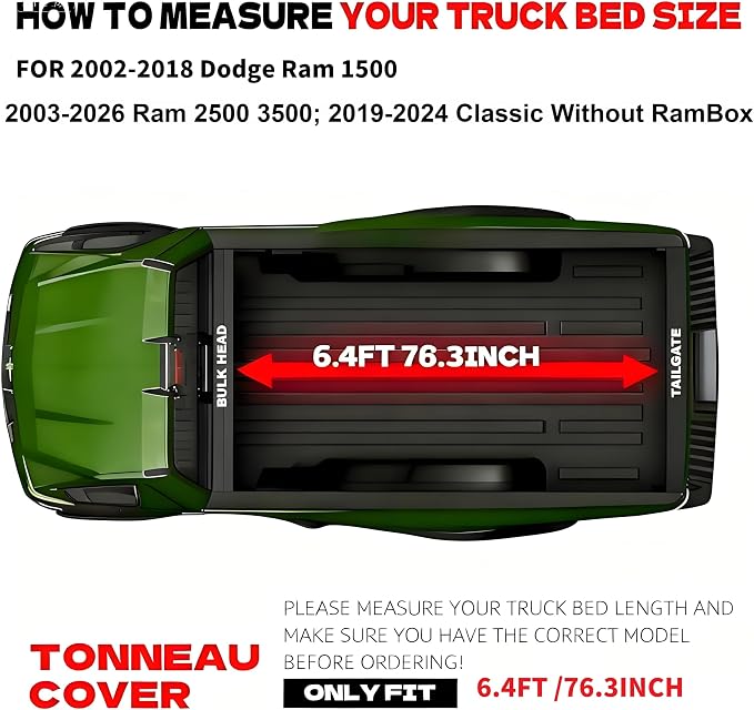 Soft Roll Up Truck Bed Tonneau Cover Compatible with 2002-2018 Dodge Ram 1500; 2003-2025 2026 Ram 2500 3500; 2019-2024 Classic | 6'4" (76") Bed Without Rambox