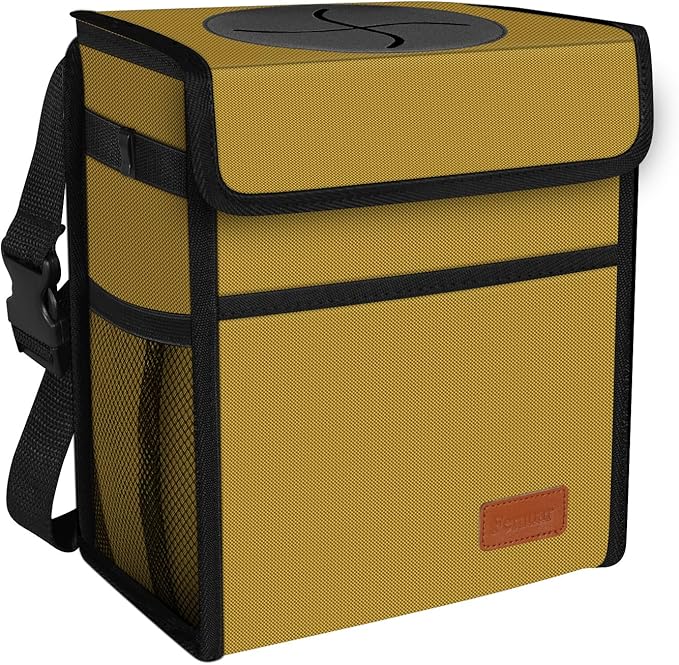 Femuar Car Trash Can with Lid - Leak Proof, Waterproof Garbage Can for SUV Front Seat, Multipurpose Car Hanging for Headrest, Collapsible and Portable with Storage Mesh Pocket, Khaki