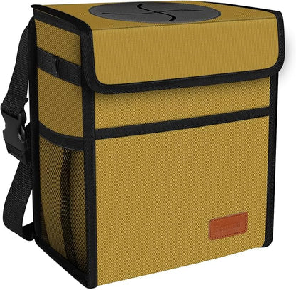 Femuar Car Trash Can with Lid - Leak Proof, Waterproof Garbage Can for SUV Front Seat, Multipurpose Car Hanging for Headrest, Collapsible and Portable with Storage Mesh Pocket, Khaki