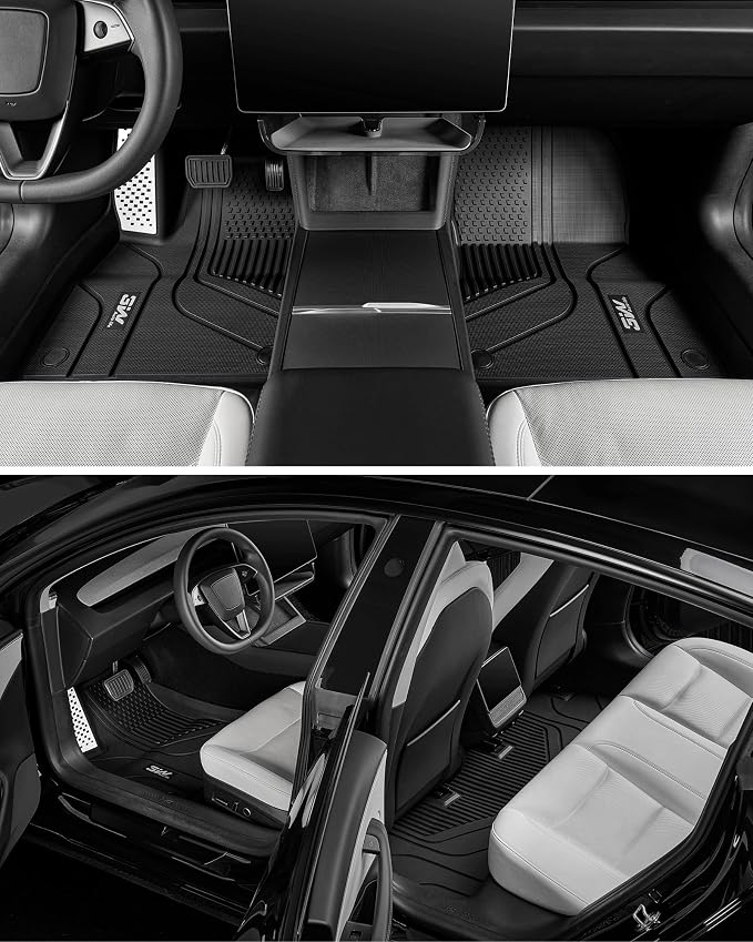 3W Tesla Model 3 Floor Mats 2026 2025 2024 with Metal Pedal, Full Set with Seatback Protector, Highland All Weather Custom Fit Rear Trunk Mat Accessories Black