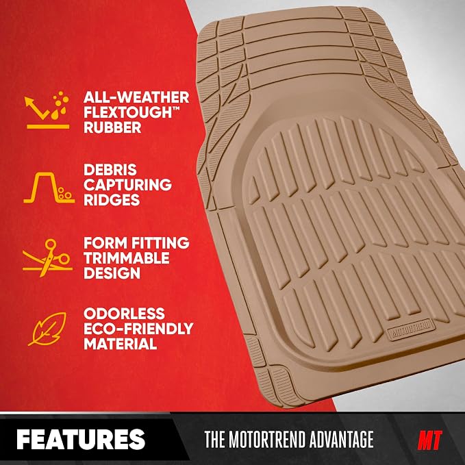 Motor Trend FlexTough LITE Rubber Car Mats Full Set - All Weather Floor Mats for Trucks, Cars & SUVs - Automotive Waterproof Beige Car Floor Mats for Cars Interior Accessories Universal Trim-to-Fit