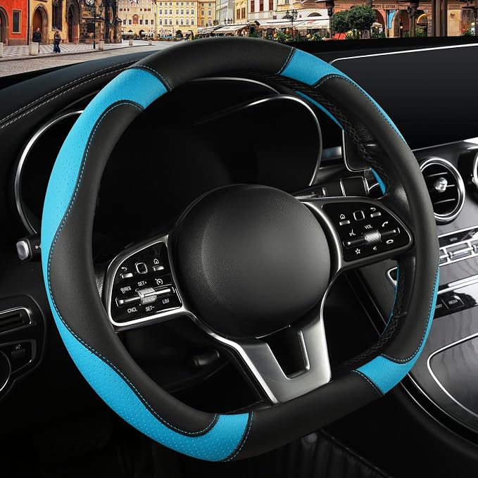 Microfiber Leather D Shaped Steering Wheel Cover, Breathable, Anti Slip, Universal 15 inch, Black with Blue