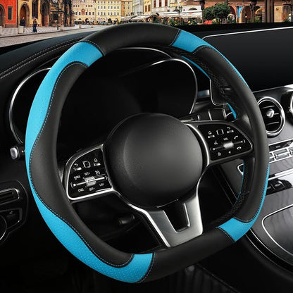 Microfiber Leather D Shaped Steering Wheel Cover, Breathable, Anti Slip, Universal 15 inch, Black with Blue