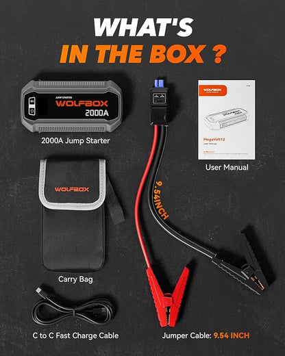 WOLFBOX 2000A Jump Starter, 44.4Wh Battery Jumper Starter Portable with LED Display, 12V Car Battery Jump Starter Pack (7L Gas 6L Diesel Engine) with Booster, LED Light, Jumper Cables (NO Adapter)