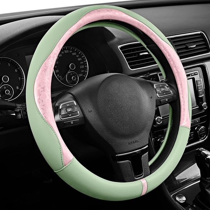 PIC AUTO Steering Wheel Cover, Pink Patterned & Green Leather Patchwork Design, Universal Fit 14.5"–15.5", Anti-Slip, Odor-Free, Soft PU Grain Leather, Durable Grip Car Accessory for Girls & Women