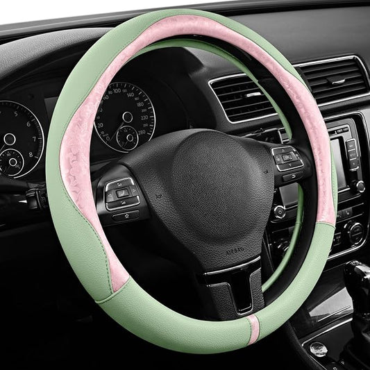 PIC AUTO Steering Wheel Cover, Pink Patterned & Green Leather Patchwork Design, Universal Fit 14.5"–15.5", Anti-Slip, Odor-Free, Soft PU Grain Leather, Durable Grip Car Accessory for Girls & Women