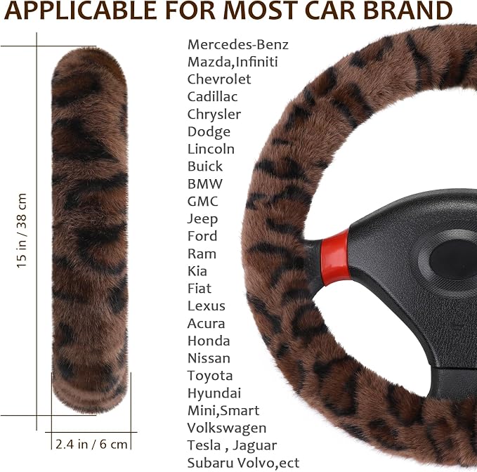 Accmor Fuzzy Car Steering Wheel Cover, Universal Fit Fur Auto Wheel Cover & Handbrake Cover & Gear Shift Cover Set, Fashion Leopard Fluffy Steering Wheel Protector Car Accessories for Men Women